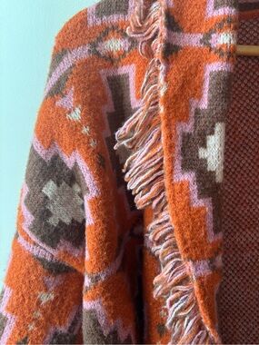 Cider Orange Aztec Fringe Open-Front Sweater